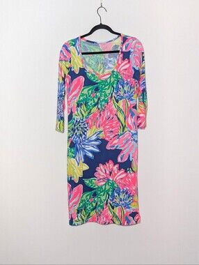 Lilly Pulitzer KENZIE Sz M Dress Palm Pattern Pima Cotton Pink Shift Dress
